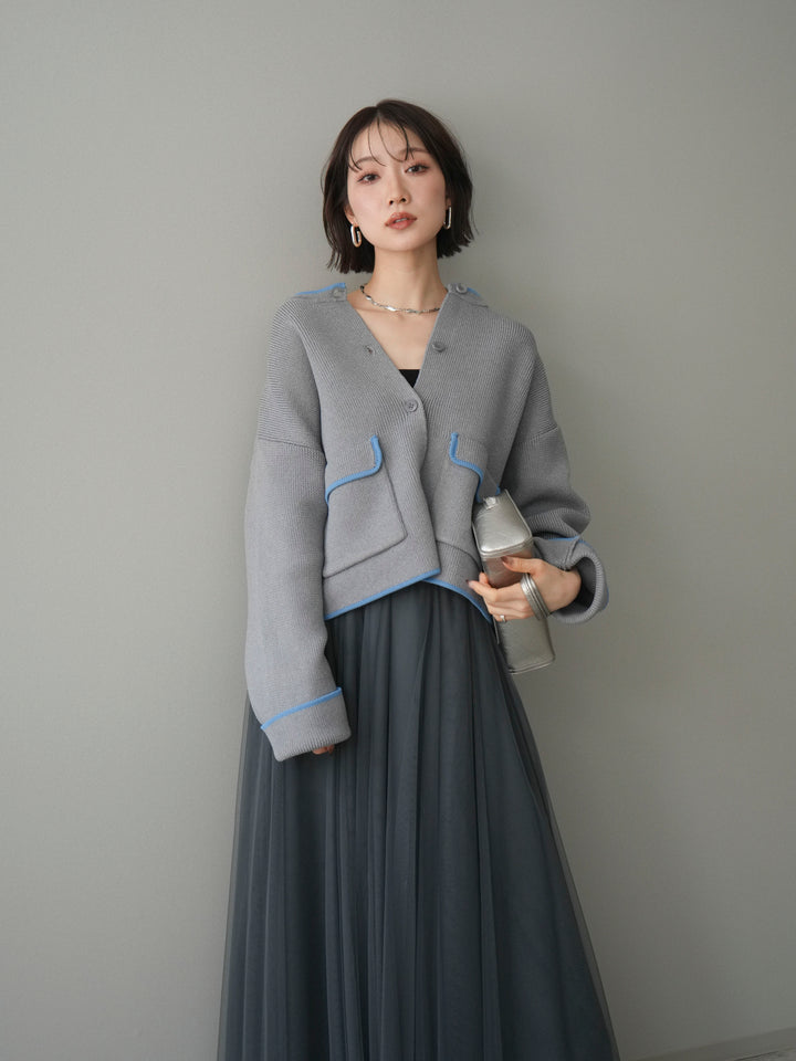 [SET]ポリエステル配色ニットカーディガン+チュールボリュームスカート(2set)