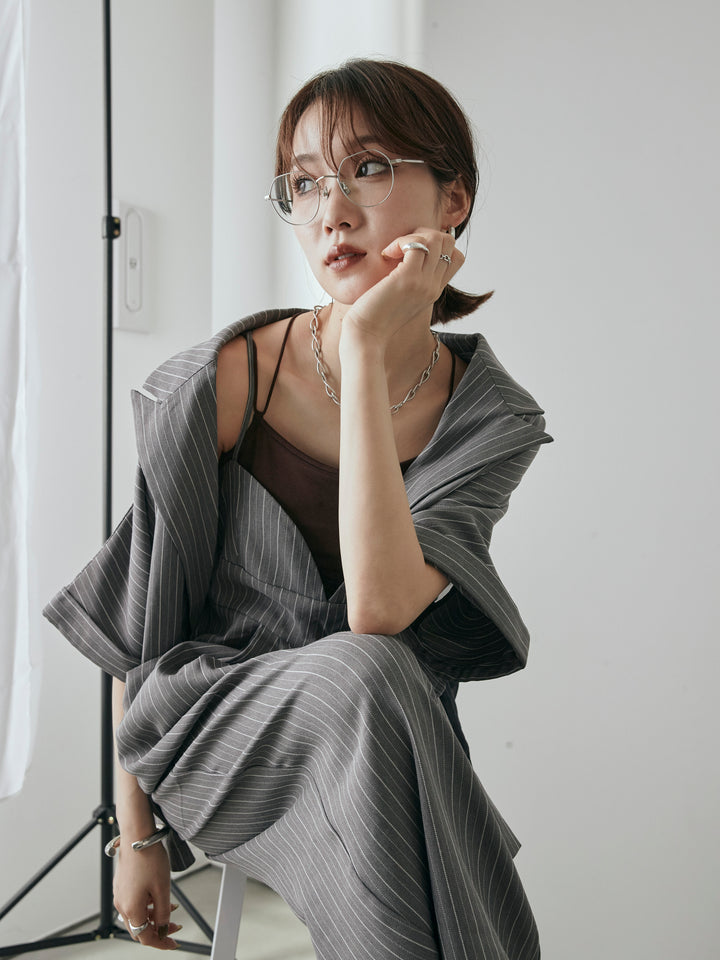 [予約]ヘリンボーンストライプサロペット/チャコール