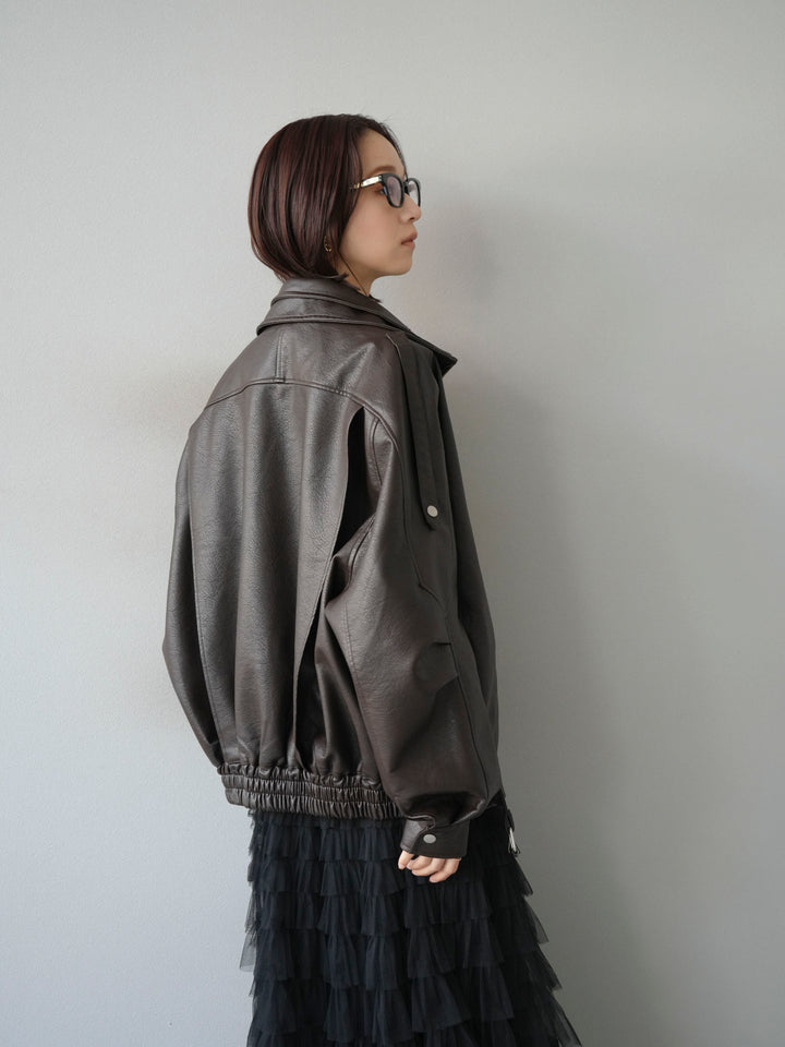 [予約]スタンドカラーフェイクレザーブルゾン/ブラウン