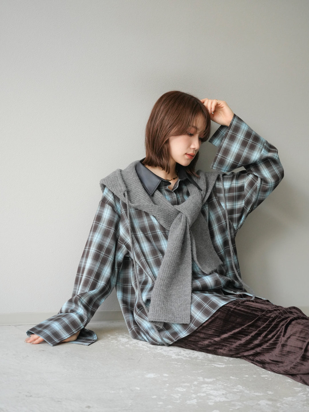 【着回しセット】[SET]レザー襟オンブレチェックオーバーシャツ +クラッシュベロアナロースカート+ツイードハーフパンツ(3set)