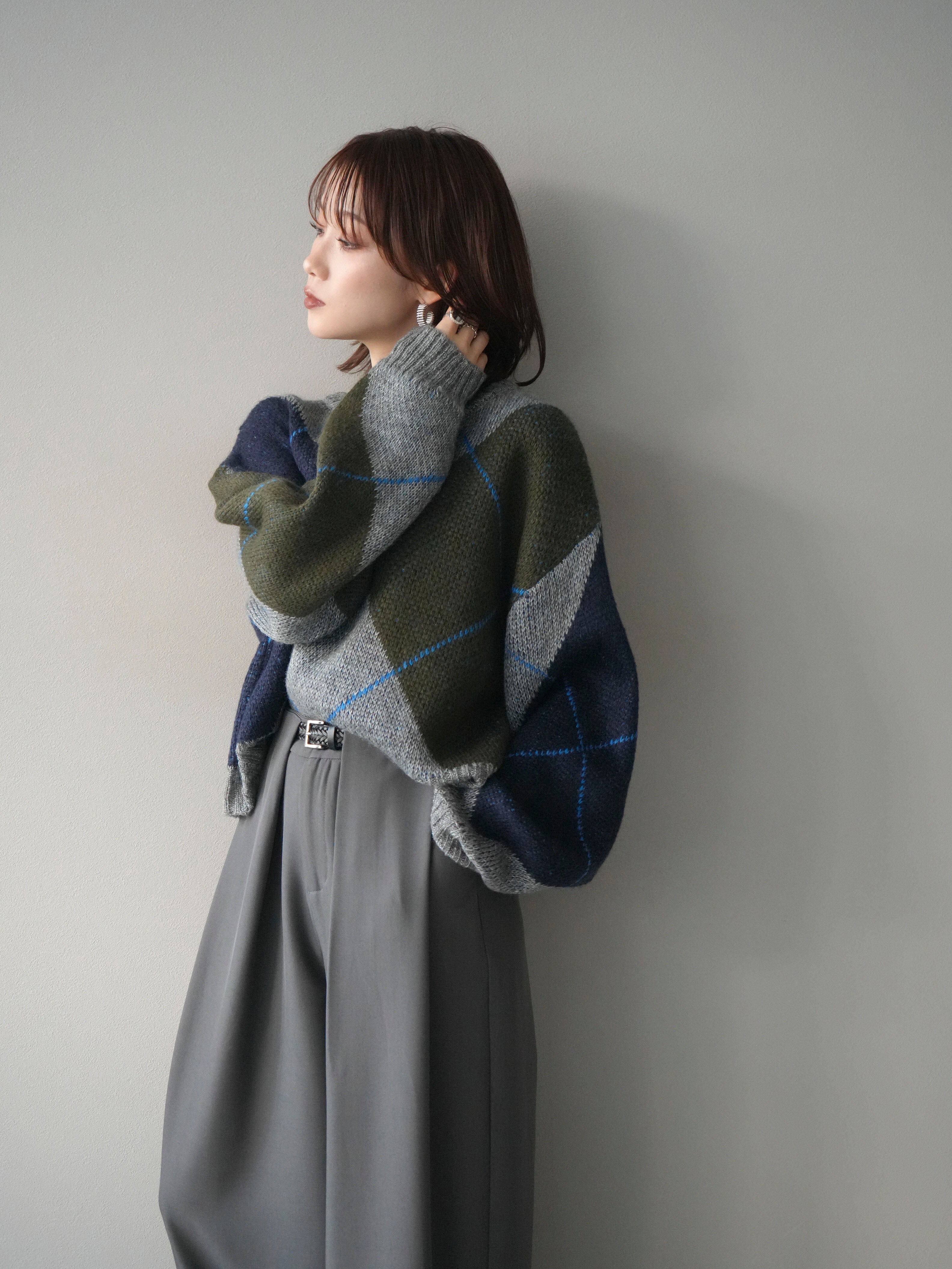 SET]配色ステッチアーガイル柄ニットプルオーバー+ベルトループ