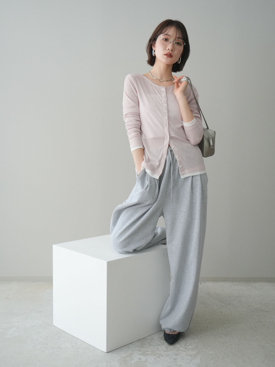 [予約]シアーリブバイカラーカーディガン/pink