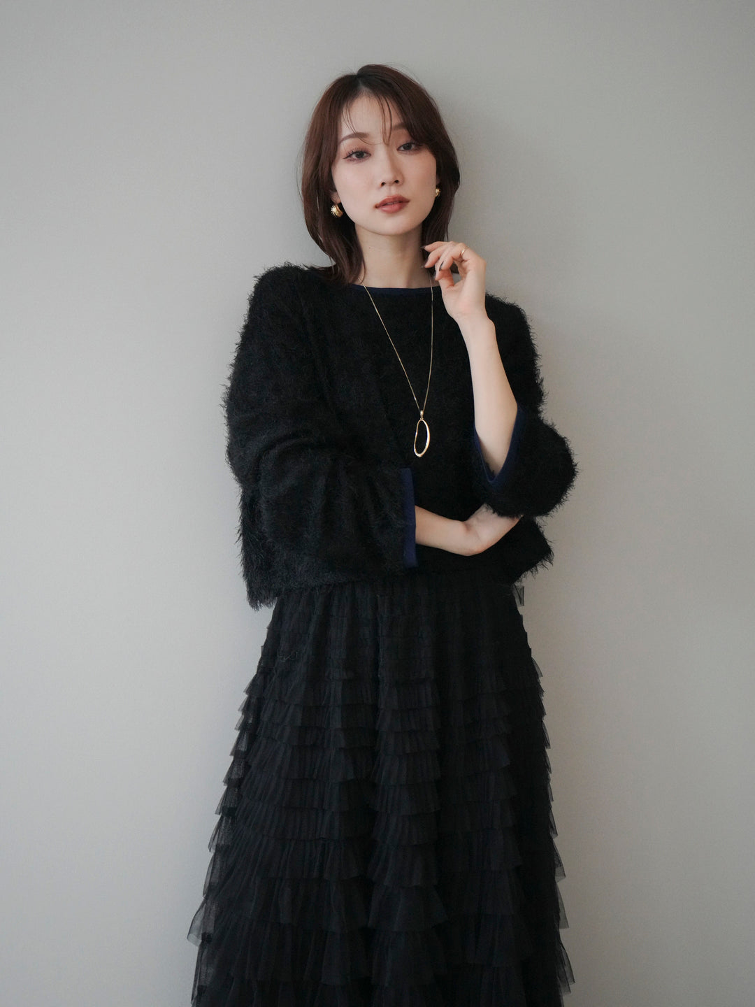 [予約]バイカラー2WAYシャギーニットカーディガン/black