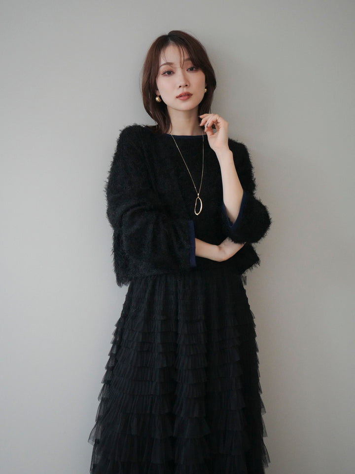 [予約]バイカラー2WAYシャギーニットカーディガン/black