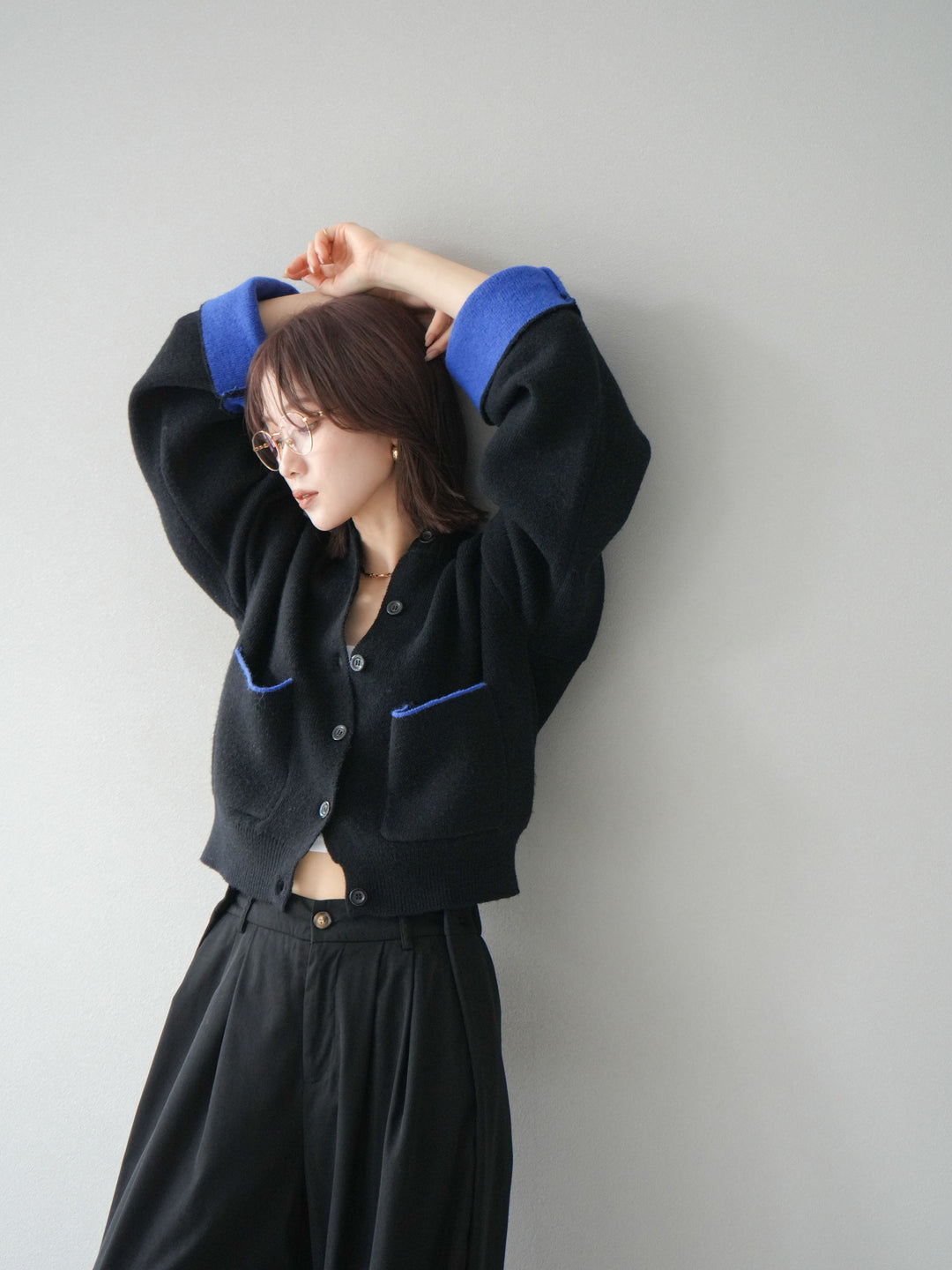 【SET】雙色針織開襟衫+褶襉設計寬褲（2套）