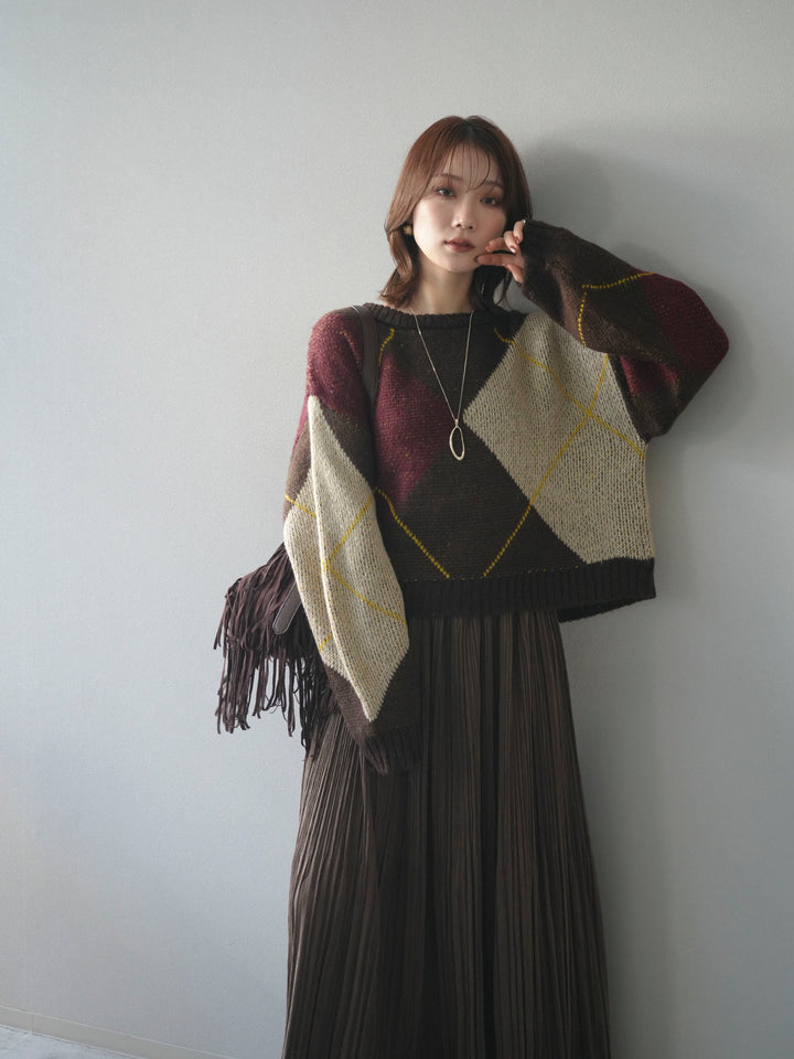 [予約]配色ステッチアーガイル柄ニットプルオーバー/brown