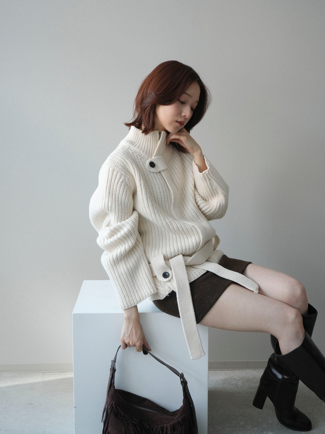 [予約]畦編みボトルネックZIPニットカーディガン/white