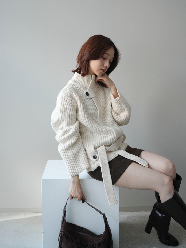 [予約]畦編みボトルネックZIPニットカーディガン/white