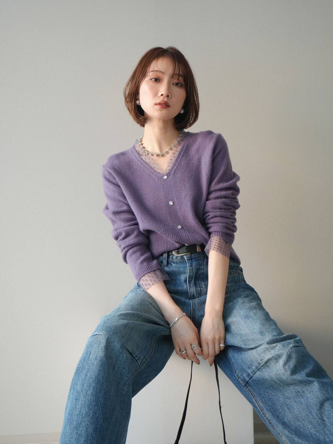 [SET]ドットチュールレイヤードボタンニットトップス+選べるアクセセット(2set)