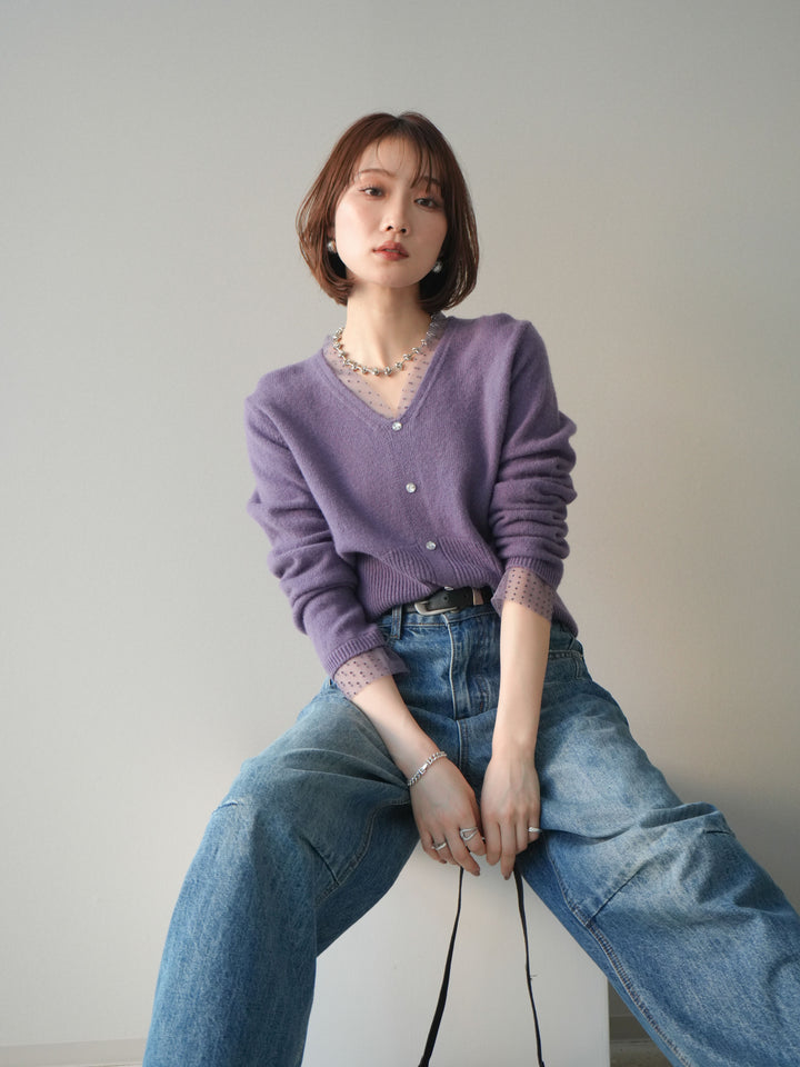 [SET]ドットチュールレイヤードボタンニットトップス+選べるアクセセット(2set)