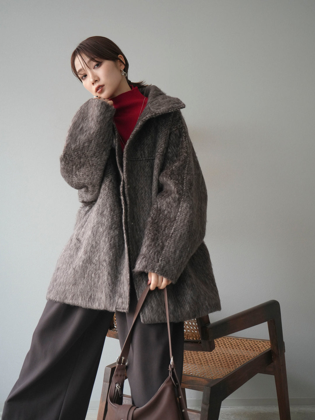 [予約]スタンドカラーシャギーコート/brown