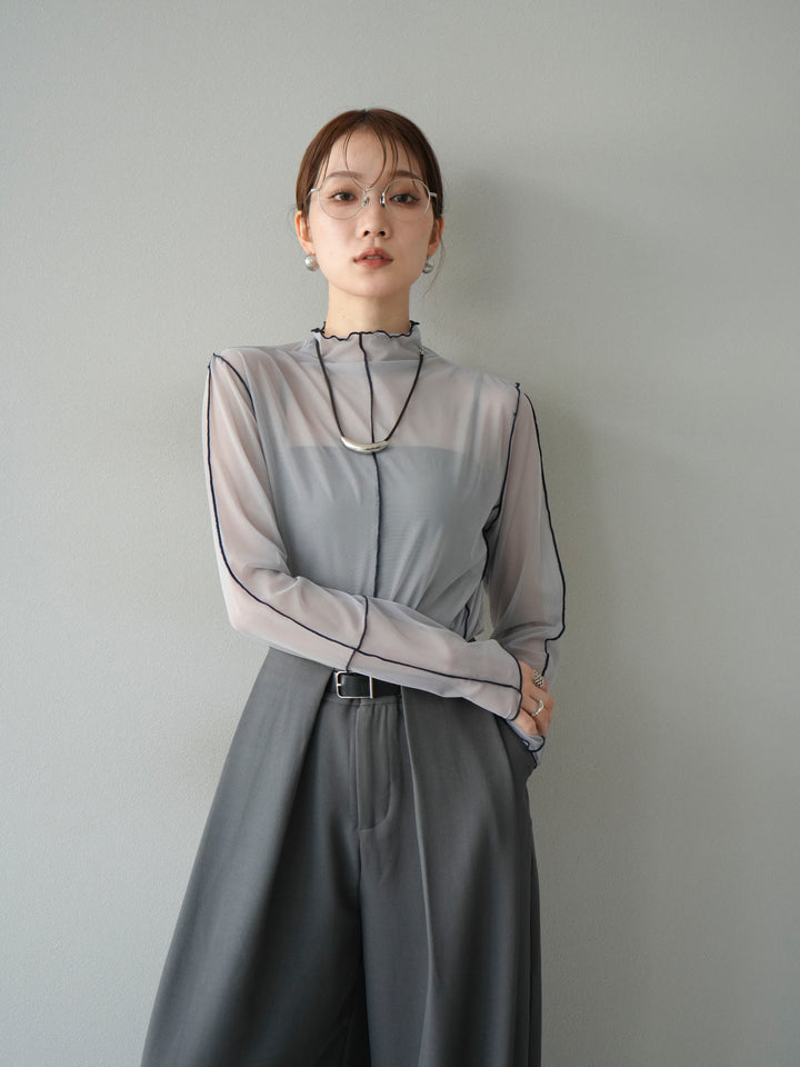 [予約]シアーパイピングカットソー/ライトグレー×ネイビー