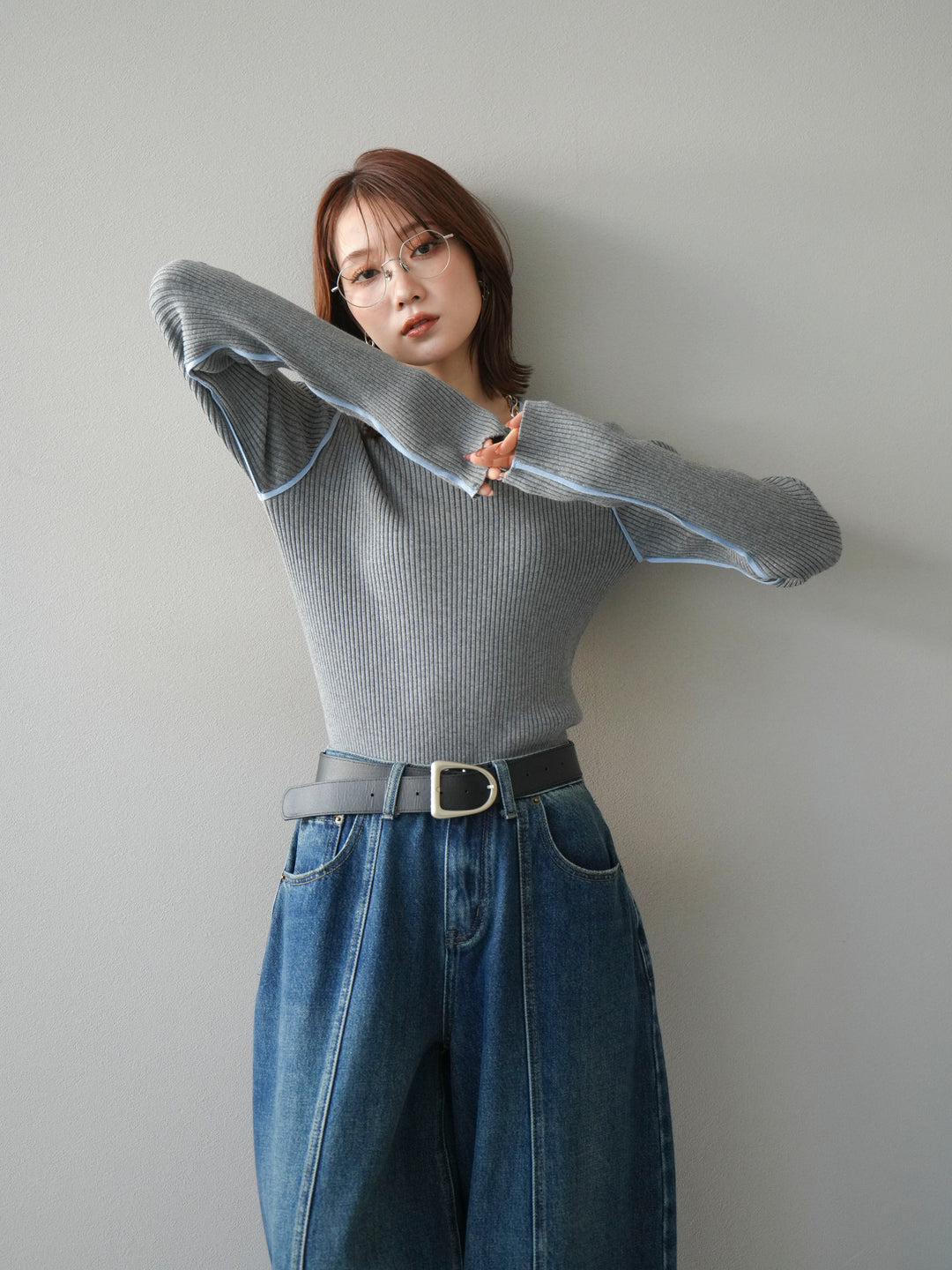 [予約]バイカラークルーネックリブニットトップス/gray