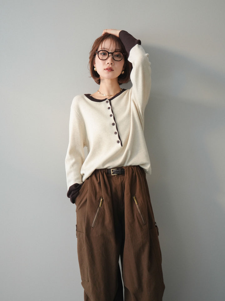 [予約]ヘンリーネック配色ニットソー/beige