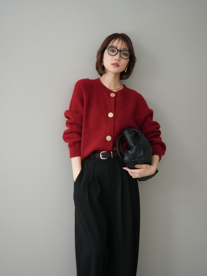 [SET]BIGボタンニットカーディガン+アニマル柄ベルト付きウールタッチワイドパンツ(2set)