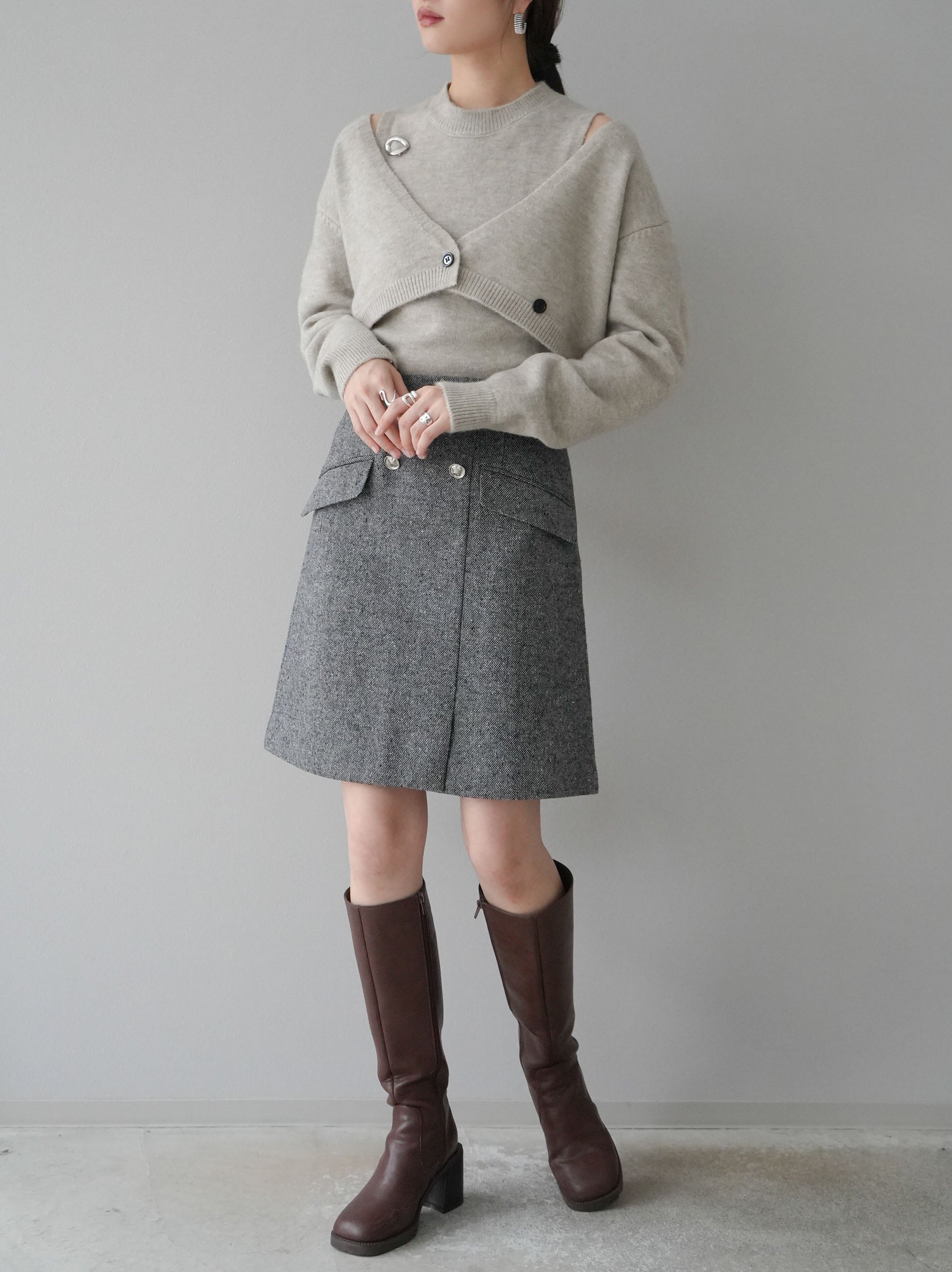 SET]ショートカーディガンアンサンブルニット+ネップツイードミニ