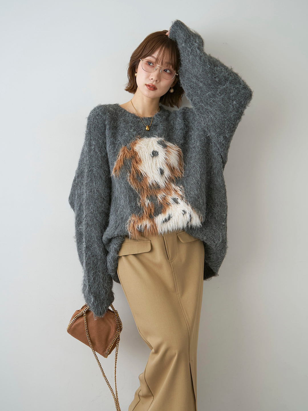 [SET]シャギードッグモチーフニットトップス+クレープデシンフラップ付きストレートスカート(2set)