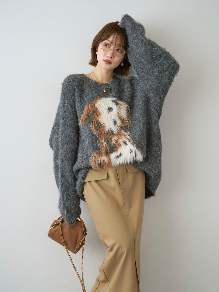[SET]シャギードッグモチーフニットトップス+クレープデシンフラップ付きストレートスカート(2set)