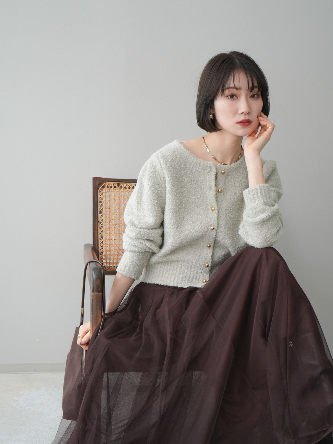 [SET]ゴールドボタンブークレニットカーディガン+チュールボリュームスカート(2set)