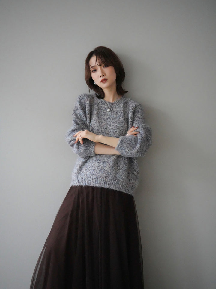 [SET]ロゴラベルミックスヤーンニットプルオーバー+チュールボリュームスカート(2set)