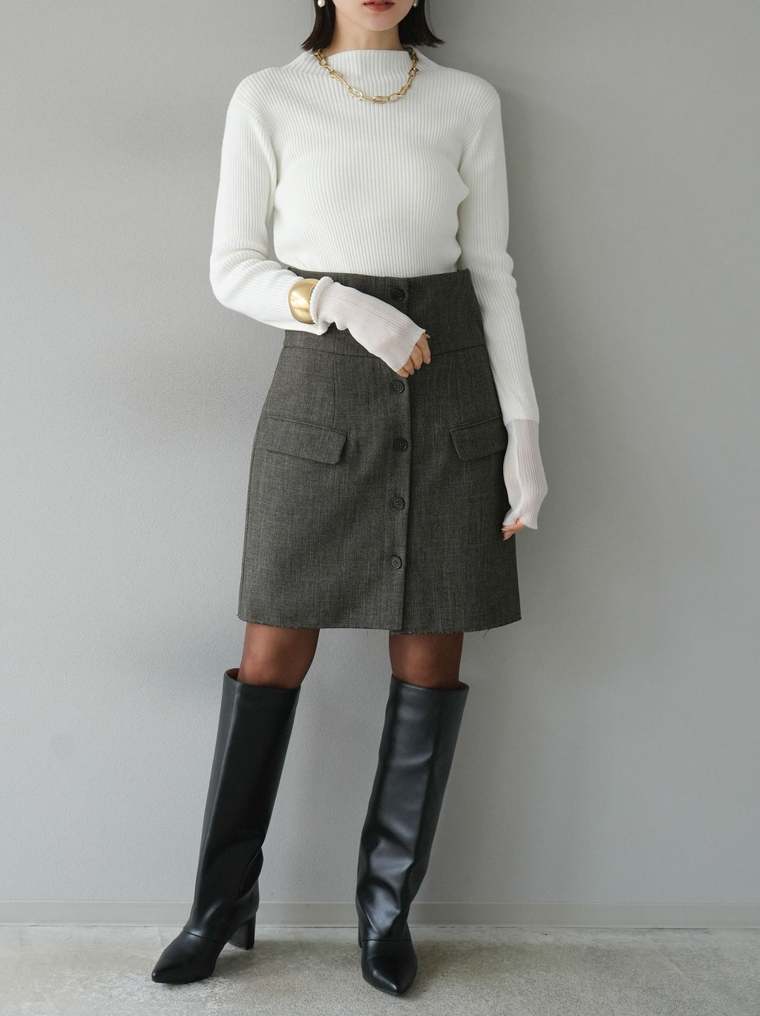 [予約]袖ラメシアー切替リブニットトップス/オフ