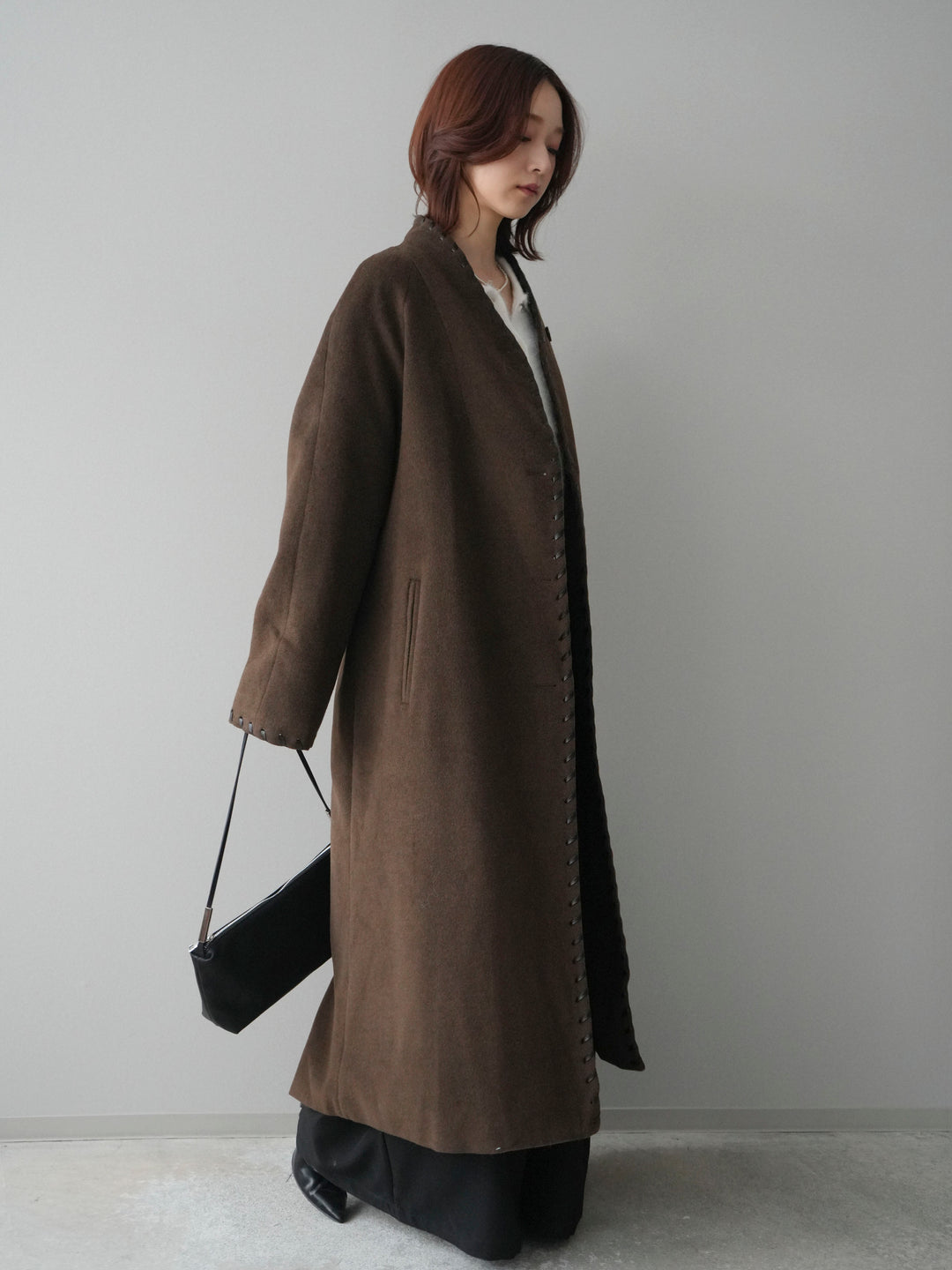 [SET]ハンドステッチ裏中綿ロングコート+テープベルトタックバギーパンツ(2set)