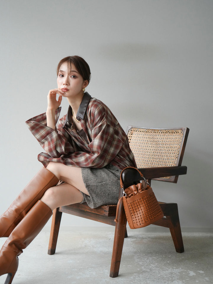 [SET]レザー襟オンブレチェックオーバーシャツ +ツイードハーフパンツ(2set)