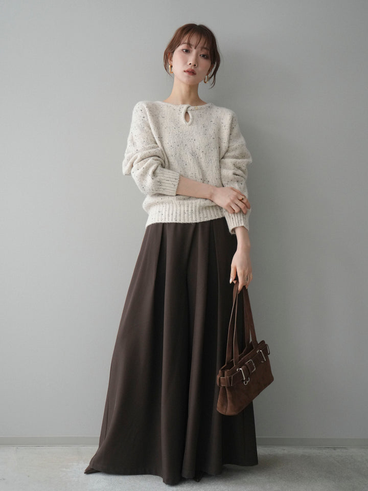 [SET]ツイストネックラメネップヤーンニットプルオーバー+テープベルトタックバギーパンツ(2set)