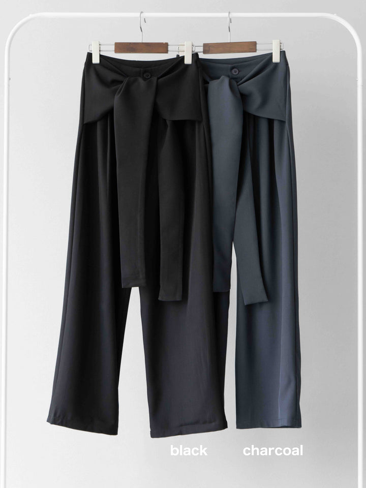 [SET]リネンタッチ配色二重臼ハーフニットトップス+ウエスト巻きデザインワイドパンツ(2set)