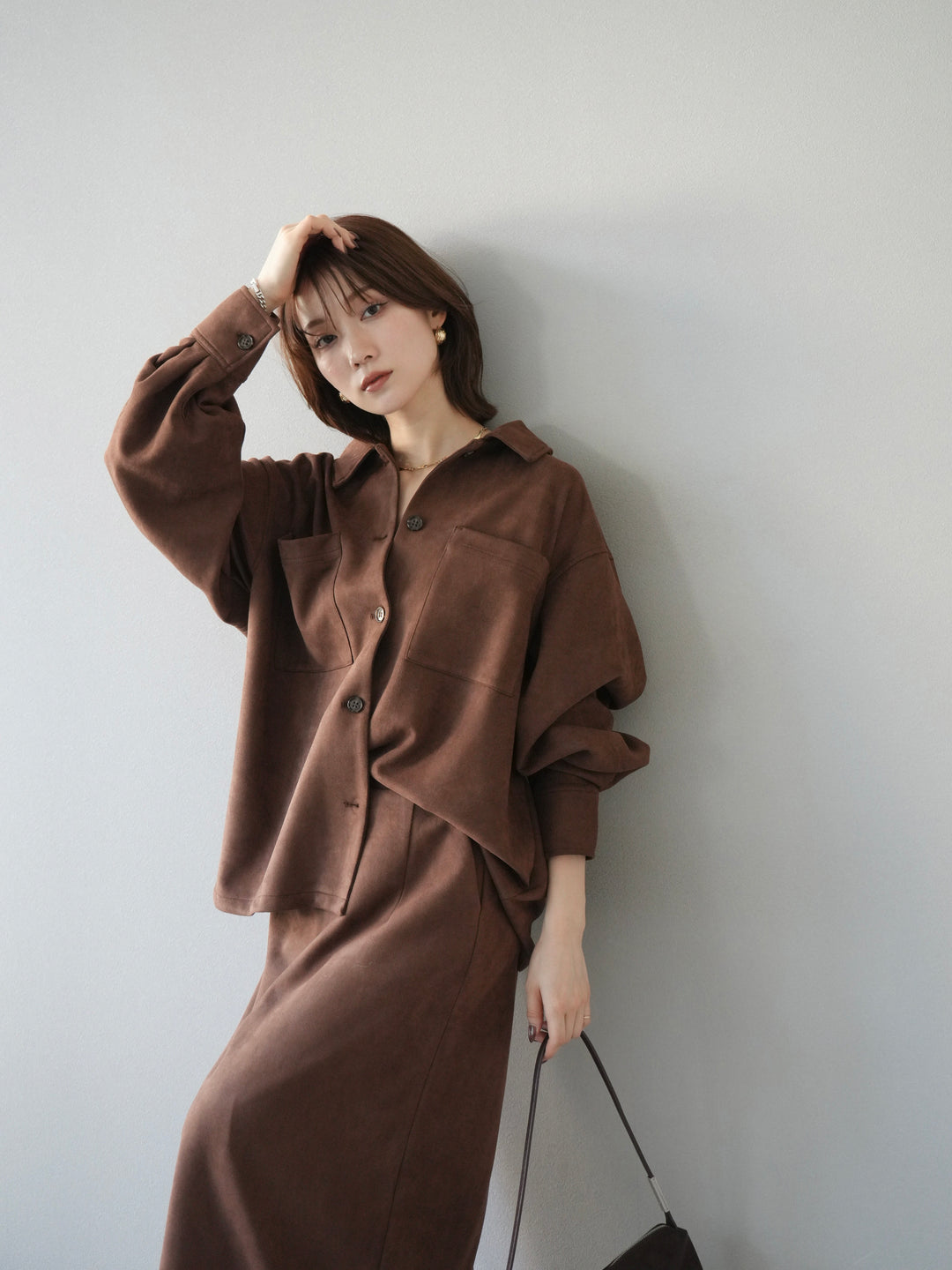 [SET]スエードシャツジャケット+スエードタイトスカート(2set)