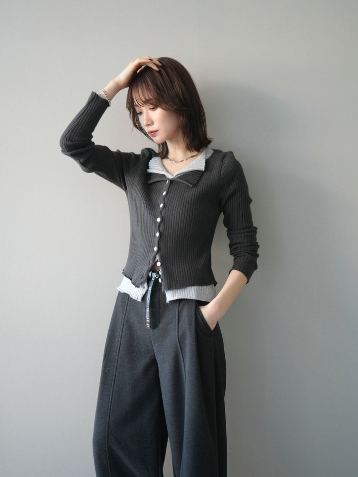 [予約]配色レイヤードリブニットカーディガン/charcoal