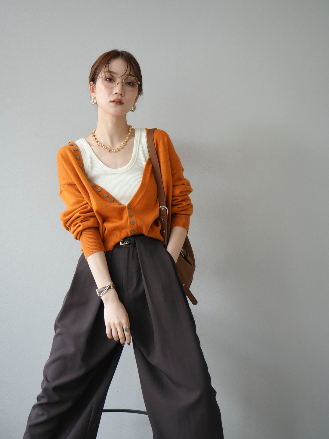 [予約]デザインボタンニットカーディガン＆タンクトップSET/オレンジ