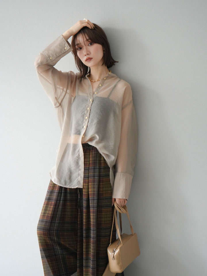 [SET] 亮面透視立領襯衫 + 透視格紋寬鬆褲 (2 件套)