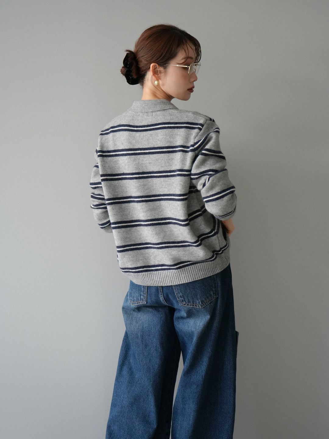 [予約]ボウタイボーダーニットカーディガン/gray