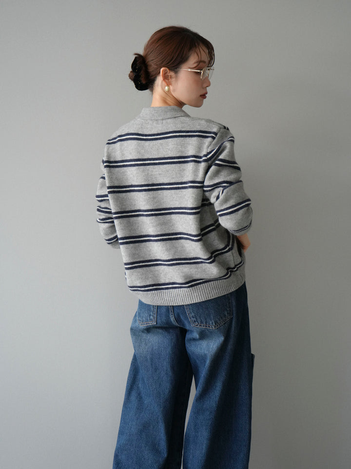 [予約]ボウタイボーダーニットカーディガン/gray