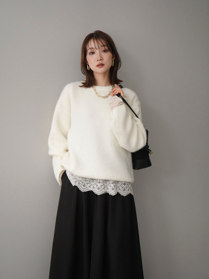 [SET]アンゴラタッチクルーネックニットプルオーバー+チュールレーストップス+テープベルトタックバギーパンツ(3set)