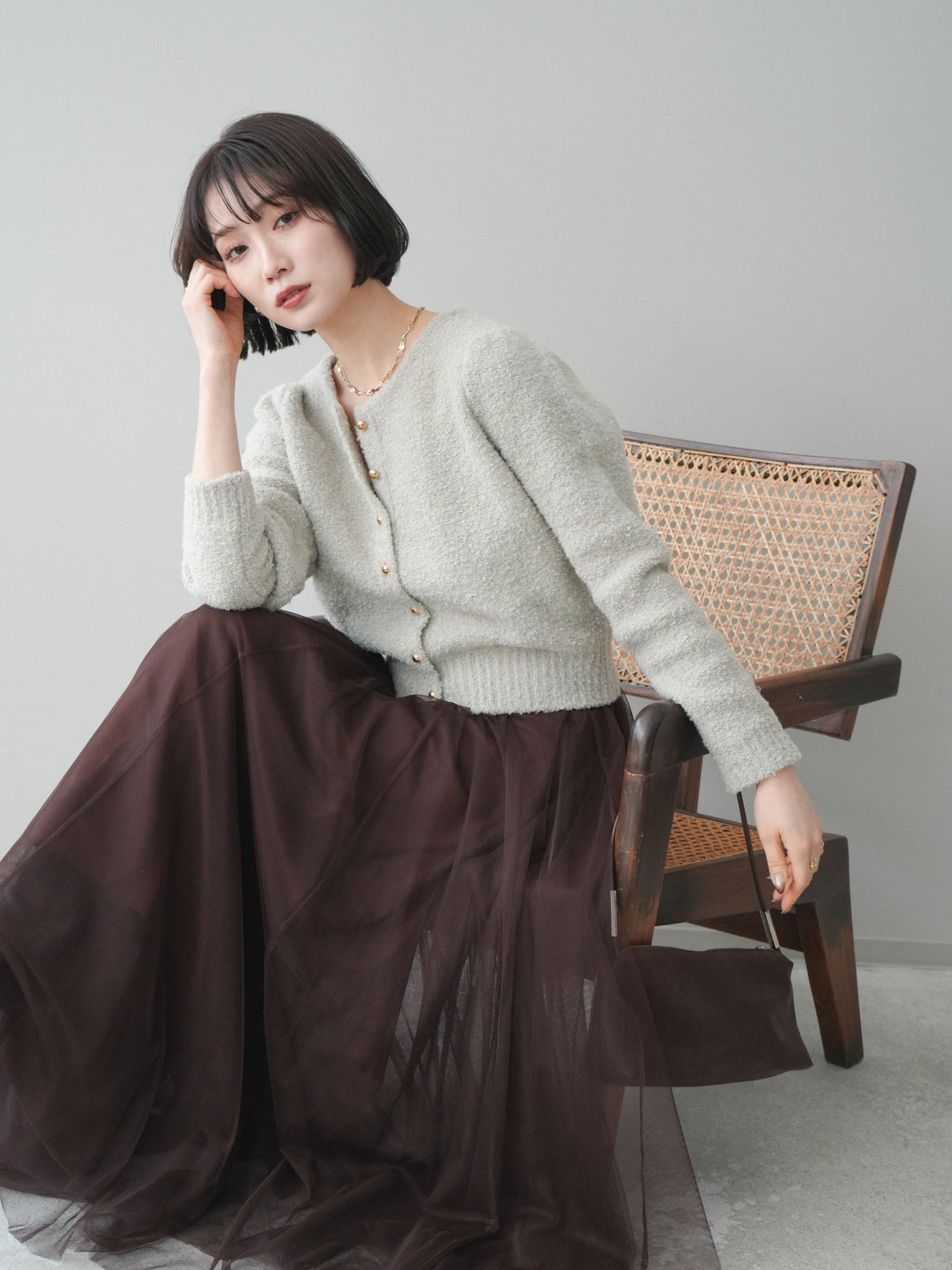 [SET]ゴールドボタンブークレニットカーディガン+チュールボリュームスカート(2set)