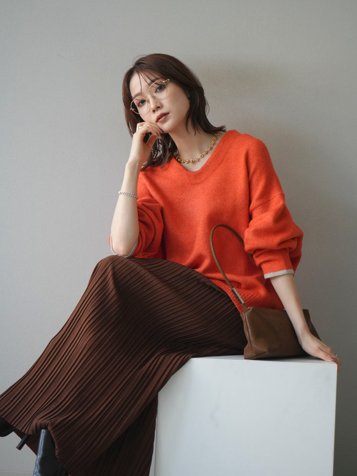 [SET]Vネック配色スリーブニットプルオーバー+選べるアクセセット(2set)