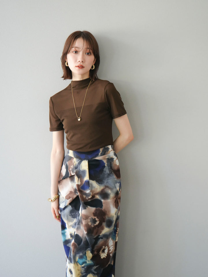 [SET] 透視半袖上衣 + 水彩印花褶襉I字裙 (2set)