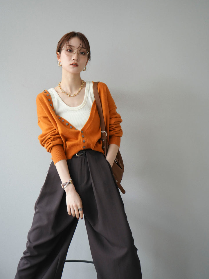 [SET]デザインボタンニットカーディガン＆タンクトップSET+ベルトループデザインワイドパンツ(2set)