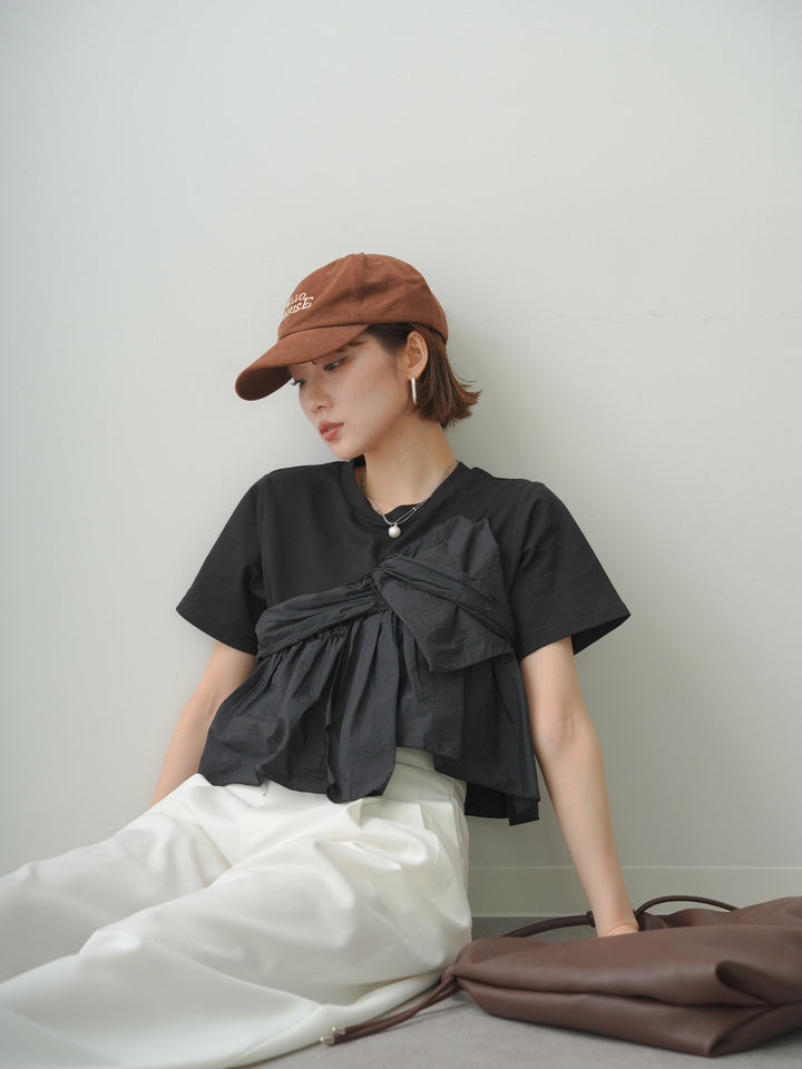 [SET]ナイロンドッキングツイストTEE +アシンメトリーベルトタックワイドパンツ(2set)
