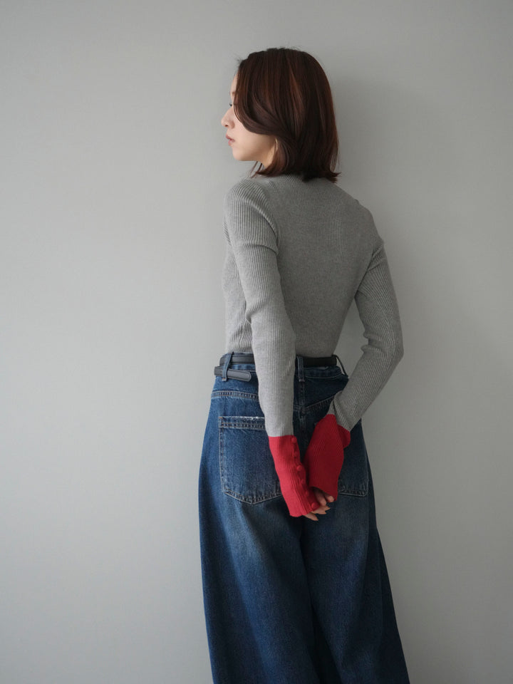 [予約]袖ボタンハイネック配色リブニットトップス/gray