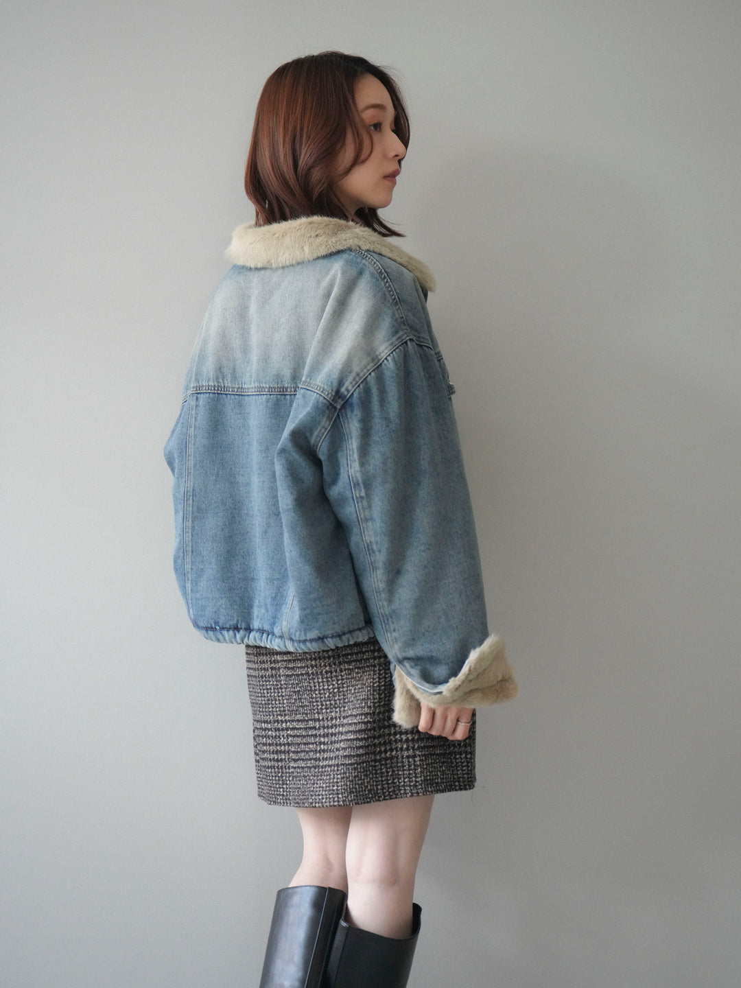 [予約]デニム×ファーステンカラーショートジャケット/lightblue