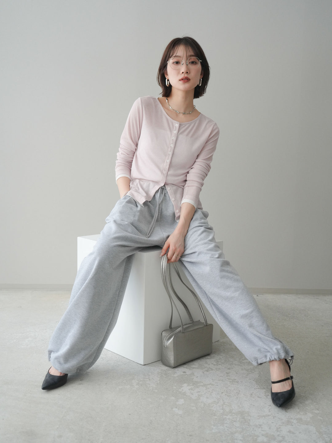 [予約]シアーリブバイカラーカーディガン/pink