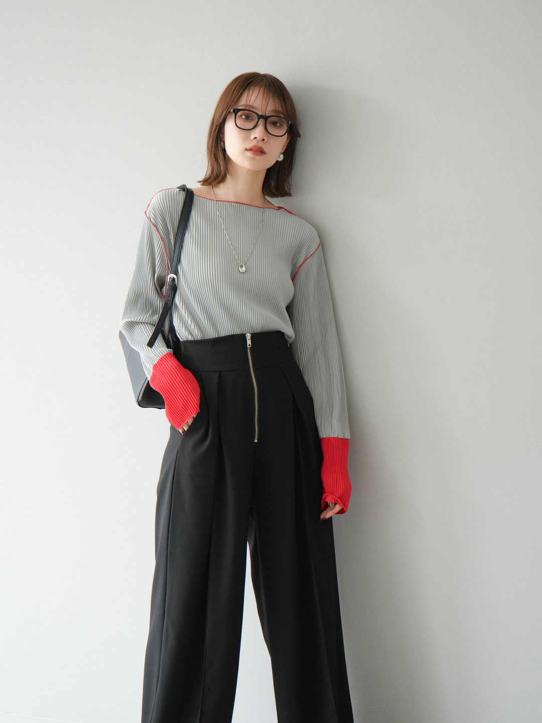 [予約]バイカラープリーツトップス/グレー