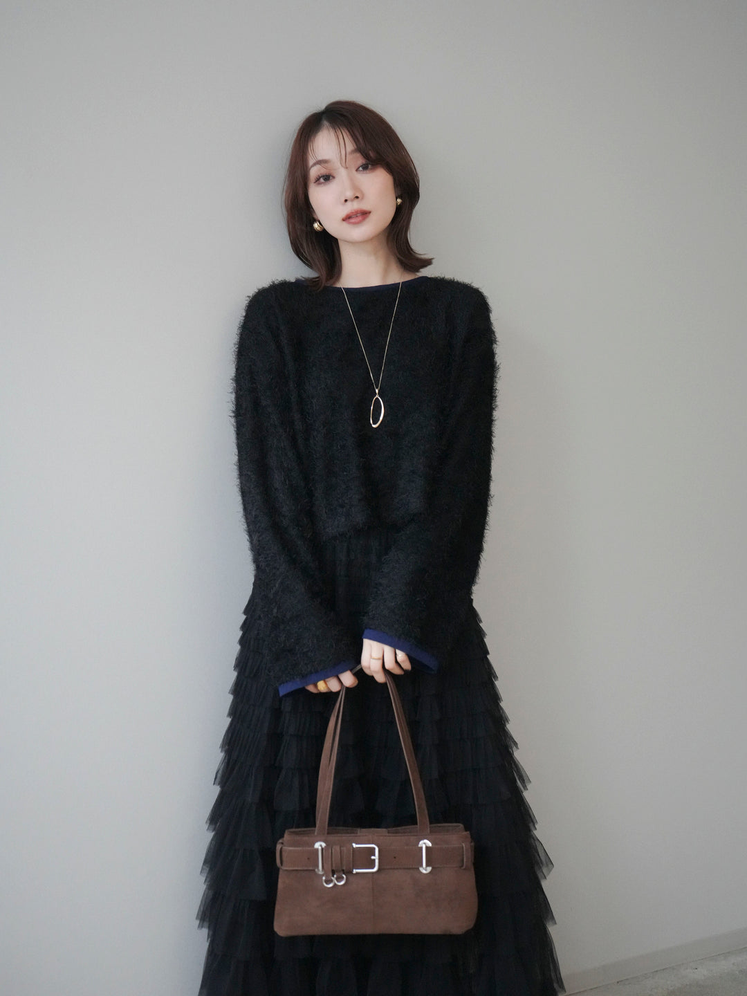 [予約]バイカラー2WAYシャギーニットカーディガン/black