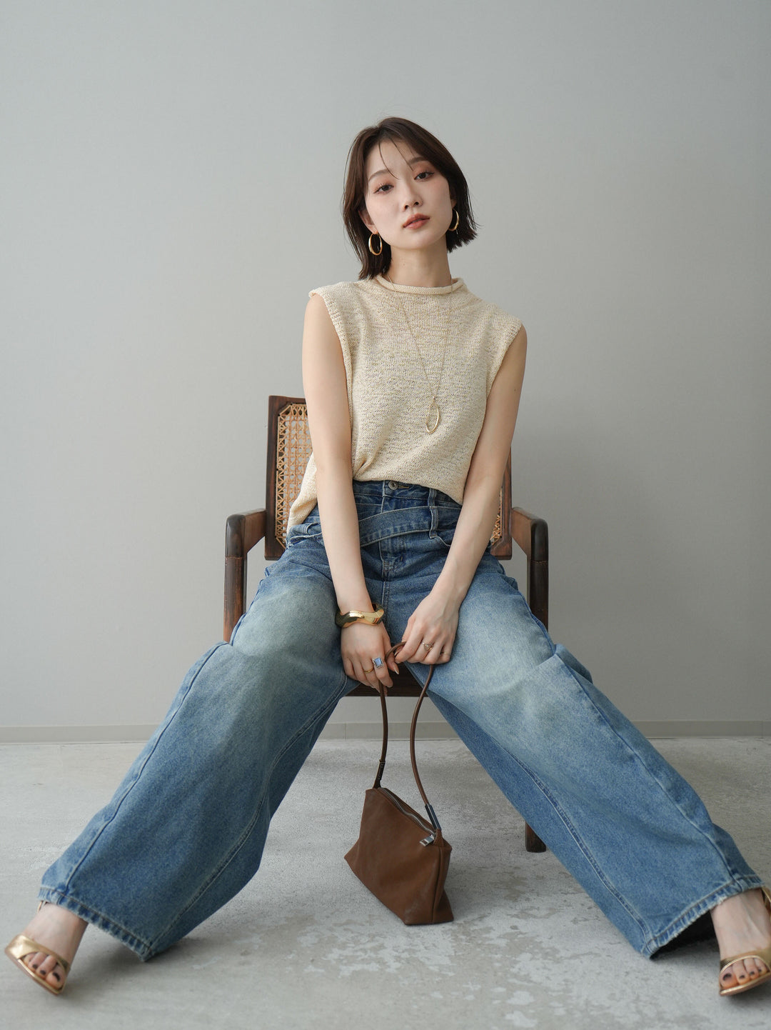 [予約]ノースリーブリネンタッチシアーニットプルオーバー/beige