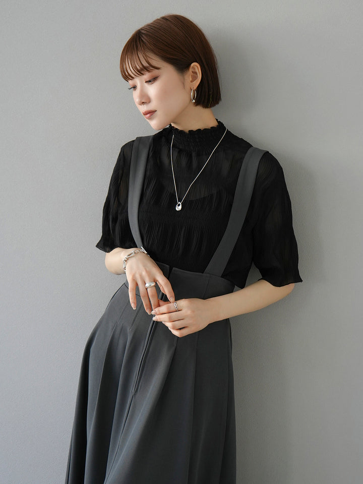 [SET] Shirring chiffon half sleeve blouse + 2WAY flare jumper skirt (2set)