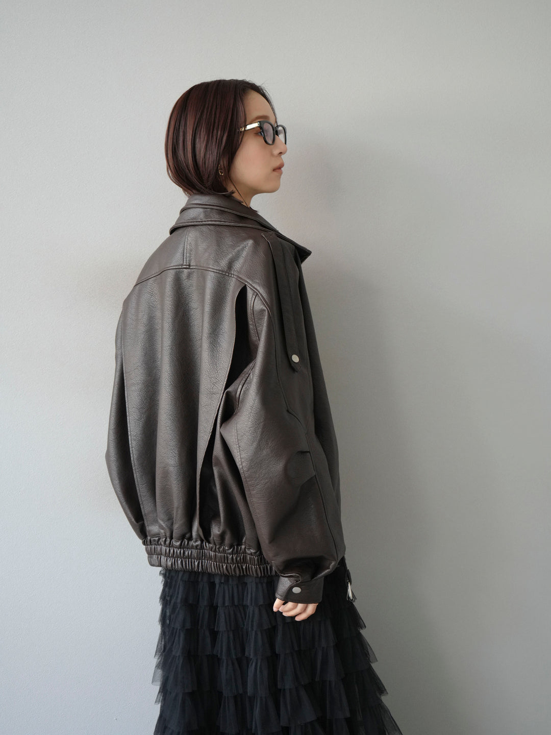 [予約]スタンドカラーフェイクレザーブルゾン/ブラウン