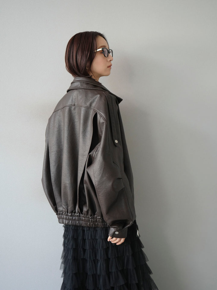 [予約]スタンドカラーフェイクレザーブルゾン/ブラウン